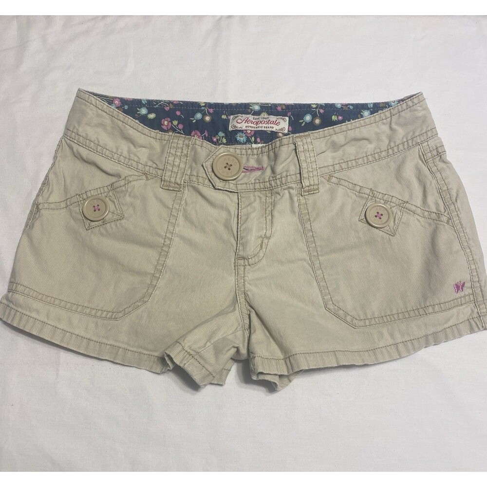 Vtg Y2K Aeropostale Khaki Low Rise Mini Shorts 3/4 Pink Contrast Butterfly